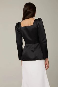 Feel like a queen in this elegant satin top with long sleeves inspired by Medieval English royal gowns. A fitted cut, embellished with rhinestones on the edges. Due to the dense satin, the product gracefully emphasizes the femininity of the silhouette and remains comfortable. Button it up in the front. Royal Gowns, Top With Long Sleeves, Satin Top, Body Measurements, Feel Like, Take That, Long Sleeves, Sleeve Length, Satin