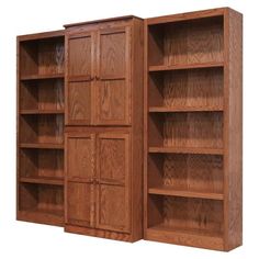 two wooden bookshelves with doors on each side