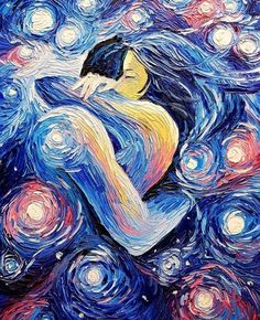 a painting of a woman with her arms around her body and stars in the background