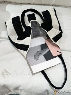 Bird in Bag - Striped Pattern Canvas Tote Bag Chic Black Square Canvas Bag, Chic Black Canvas Bag With Handles, Chic Black Canvas Bag With Removable Pouch, Chic Crossbody Canvas Bag With Top Handle, Chic Black Canvas Bag With Adjustable Strap, Chic Black Crossbody Canvas Bag, Chic Beach Bag With Removable Pouch And Double Handle, Chic Tote Beach Bag With Removable Pouch, Trendy Beach Bag With Detachable Handle For Shopping