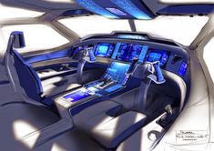 the interior of a futuristic vehicle with blue lights