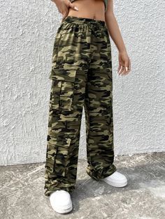 Embrace the urban jungle with our Camo Print Flap Pocket Cargo Pants. Featuring a trendy camouflage pattern, these pants offer a perfect blend of style and functionality. The flap pockets provide ample storage space, while the comfortable fit and durable fabric ensure long-lasting wear. Whether you're exploring the outdoors or simply want to make a fashion statement, these cargo pants are a must-have for the modern adventurer. Details: Type: Cargo Pants Closure Type: Drawstring Waist Details: Dr Camouflage Pants With Pockets For Outdoor Activities, Camouflage Pants With Pockets, Casual Camouflage Cargo Pants For Outdoor, Camouflage Utility Pants For Outdoor, Camouflage Utility Pants For Outdoor Activities, Combat Camouflage Cargo Pants For Outdoor Activities, Combat Camouflage Pants For Outdoor Activities, Camouflage Cargo Pants With Side Pockets For Outdoor, Camouflage Bottoms With Multiple Pockets For Outdoor