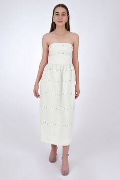 FANM MON | ANIM DRESS (Manmzel Collection) Cotton Midi Dress With Straight Neckline For Brunch, Strapless Dress With Straight Neckline For Spring Garden Party, Spring Strapless Dress With Straight Neckline For Garden Party, Elegant Strapless Dress With Floral Embroidery For Spring, Spring Strapless Dress With Straight Neckline For Brunch, White Bandeau Midi Dress, Chic Strapless Dress With Floral Embroidery, Elegant Cotton Midi Dress With Floral Embroidery, Spring Bandeau Cotton Dress