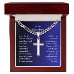 To Our Grandson Engraved Cross Necklace on Cuban Chaine-[product type] Engraved Cross, Christian Christmas, Luxury Boxes, Cuban Chain, Polished Stainless Steel, The Cross, Cross Pendant, Cross Necklace, Sensitive Skin