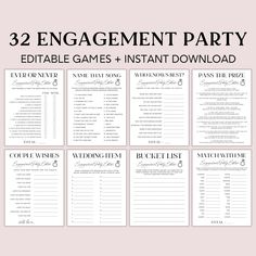 the printable game for engagement party is shown in black and white, on a pink background