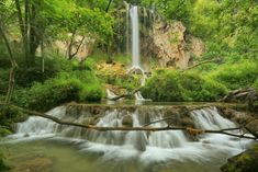 a waterfall in the middle of a forest filled with lots of trees and water flowing down it