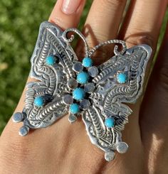 Navajo Sterling Silver Blue Turquoise Butterfly Adjustable Ring. Artist: June Defauito Width: 2 inch by 2 inches Weight: 25 grams Best Offers Accepted! Turquoise Butterfly, Blue Turquoise, Silver Blue, Adjustable Ring, Turquoise Jewelry, Womens Jewelry Rings, Adjustable Rings, Turquoise Blue, Rings Statement