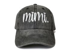 PRICES MAY VARY. ★ 【Trendy & Heartfelt】 Surprise your beloved Mimi with our stylish dad hats, and show her just how much you love and appreciate her. The hats feature a meaningful "Mimi" saying with a heart embroidered on the front of the washed black soft baseball caps. This fun gift is perfect for Nana/Grandma and is sure to bring a smile to her face and let her know just how much she means to you. It makes a great gift for any Grammie, Gammy, New Mimi, Gigi in your life, or even for yourself! Adjustable Flat Brim Hat With Letter Print, Trendy Dad Hat With Letter Print And Short Brim, Trendy Adjustable Dad Hat With Letter Print, Trendy Adjustable Dad Hat With Short Brim, Mother's Day Gift Hats With Letter Print, Adjustable Letter Print Hats For Spring, Casual Personalized Flat Brim Hat, Adjustable Letter Print Cap, Casual Flat Brim Personalized Hats