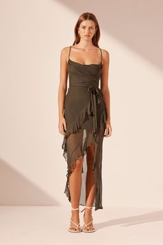 Frill skirt maxi dress with cowl neckline in a light weight semi-sheer chiffon. Olive Dresses, Asymmetrical Maxi Dress, Vacation Fashion, Frill Skirt, Olive Dress, Shona Joy, Skirt Maxi, Cowl Neckline, Fashion Elegant