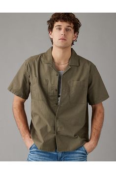 Oxford cotton with a hint of stretch/A relaxed, open camp collar designed to lay flat/Full button-up front/Two chest pockets/This shirt is Real Good: made with the planet in mind Relaxed Fit Camp Shirt With Patch Pockets, Cotton Camp Shirt With Pockets And Camp Collar, Cotton Camp Shirt With Pockets, Unstructured Everyday Shirt With Camp Collar, Relaxed Fit Camp Shirt With Button Closure, Everyday Relaxed Fit Button-up Camp Shirt, Cotton Utility Shirt With Camp Collar, Everyday Collared Camp Shirt With Button Closure, Khaki Camp Shirt With Relaxed Fit And Camp Collar