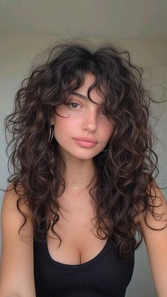 Long Haircuts With Bangs Curly, Type 2b Curly Hair Haircuts, Wavy Hair Perm Women, Mid Length Hair For Curly Hair, Modern Shag Haircut Curly Hair, Shaggy Perm Long Hair, 2b Curly Hair Bangs, Long Naturally Curly Haircuts, Bangs On Wavy Hair Curls