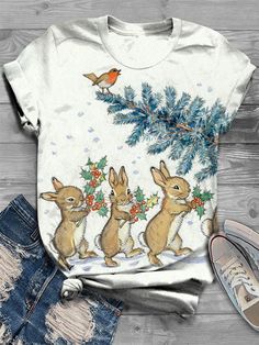 Christmas Tree Fun Bunny Print Crew Neck Tee,Come to briteneye to Find your Favorite. Holiday Short Sleeve Printed Top, Spring Holiday Top With Graphic Print, Graphic Print Top For Spring Holiday, Holiday White Printed Top, Fitted Casual Holiday Top, Fitted Short Sleeve Tops For Holidays, White T-shirt For Spring Holiday, White Spring Holiday T-shirt, White Holiday Tops For Spring