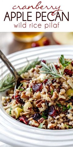 a white plate topped with wild rice and cranberry apple pecan salad next to a glass of orange juice