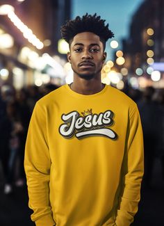 Jesus Sweatshirt for men, women, and kids. Made-to-order DTF production. Yellow Crew Neck Hoodie With Letter Print, Yellow Letter Print Crew Neck Hoodie, Streetwear Hoodie With Lettering, Fleece T-shirt For Streetwear, Fleece T-shirt With Letter Print For Streetwear, Letter Print Fleece T-shirt For Streetwear, Hip Hop Style Long Sleeve Tops, Hip Hop Long Sleeve Sweatshirt For Fans, Hip Hop Style Long Sleeve Sweatshirt For Fans