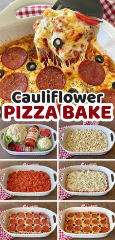 the steps to make a cauliflower pizza bake are shown in different stages