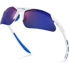 a pair of white sunglasses with blue mirrored lenses on the top and bottom half of it