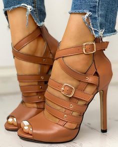 Buckled Heels, Stiletto Sandals, Brown Sandals, Peep Toe Heels, On The Side, High Heel Pumps, Heeled Sandals, Ankle Strap Sandals, Cute Shoes