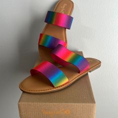 New: Sunny Feet Womens Sandals Color- Waterfront Size 7.5 (True To Size) New In Box Smoke /Pet Free Home Casual Rainbow Sandals For The Beach, Rainbow Open Toe Sandals For Summer, Trendy Rainbow Open Toe Sandals, Rainbow Open Toe Sandals For Vacation, Rainbow Open-toe Sandals For Vacation, Rainbow Round Toe Sandals For Spring, Rainbow Round Toe Synthetic Sandals, Rainbow Sandals For Spring Beach Outing, Rainbow Sandals For Beach In Spring