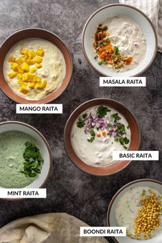 four bowls filled with different types of food