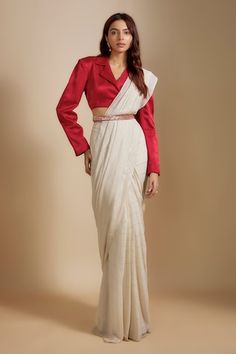 Beige pre-draped saree with linear pattern zari embroidery. Comes with embroidered belt and red cropped blazer. - Aza Fashions Formal Pre-draped Saree With Long Sleeve Unstitched Blouse, Saree With Blazer, Festive Embroidered Long Sleeve Pre-draped Saree, Diwali Cream Pre-draped Saree With Zari Work, Festive Long Sleeve Embroidered Pre-draped Saree, Bollywood Style Embroidered Pre-draped Saree With Long Sleeves, Beige Pre-draped Saree With Zari Work, Blazer For Women, Draped Saree