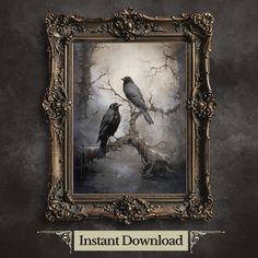 two birds sitting on top of a tree branch in front of a framed photo with the words instant download