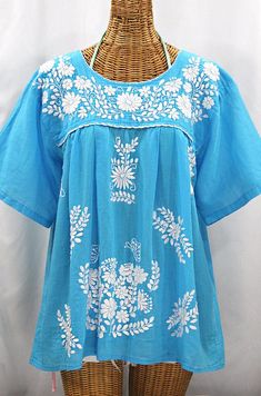 XL Mexican Blouse: "Mariposa Libre" by Siren in Aqua + White Embroidery