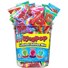 a bucket filled with lots of colorful candy