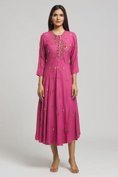 Magenta kurta with sequin and bead embroidered floral patterns on a textured base. - Aza Fashions Embroidered And Embellished Fabric For Designer Wear During Navratri, Traditional Embellished Embroidered Dress For Designer Wear, Bollywood Embellished Embroidered Dress For Eid, Traditional Embellished Embroidered Festive Dress, Traditional Festive Embellished Embroidered Dress, Festive Bollywood Embellished Embroidered Dress, Semi-stitched Embellished Embroidered Dress For Festivals, Multicolor Resham Embroidered Dress For Reception, Embellished Semi-stitched Embroidered Dress For Festivals