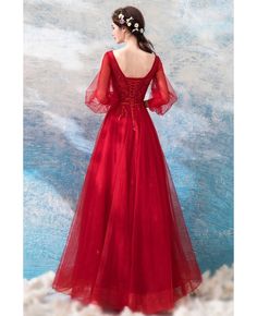 Buy Elegant Long Puff Sleeves Red Lace Party Dress With Sparkle Beading at wholesale price online. Free shipping and pro custom service since 2009. Red Tulle Evening Dress For Party, Red Tulle Dress For Party Season, Red Long Sleeve Embellished Evening Dress, Red Embellished Long Sleeve Evening Dress, Red Winter Prom Dress, Red Long Sleeve Evening Dress For Winter, Christmas Evening Tulle Dress, Red Dress For Costume Party In Party Season, Red Dress For Costume Party And Party Season