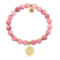 Pink Jade Stone Bracelet with Family Circle Gold Charm Love And Luck, Jade Charm, Pink Jade, Bracelets With Meaning, Blue Charm, Jade Gemstone, Gold Charm Bracelet, Bracelets Handmade Beaded, Jade Stone