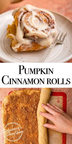 pumpkin cinnamon rolls on a plate with a fork