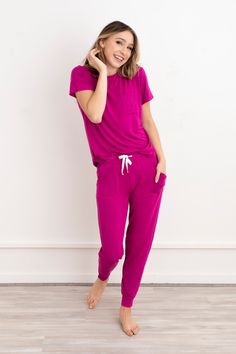 The softest, dreamiest pajamas you'll ever own! Buttery soft, stretchy modal viscose gentle on sensitive or eczema-prone skin. Cute enough for all day, cozy enough for all night! These are the PJs you'll want to live in and gift to everyone! Materials & Care Gentle on sensitive or eczema-prone skin Seasonless fabric to keep you cool in the summer and warm and cozy in the winter No interior tags Easy fit with a relaxed crew-neck  95% modal, 5% spandex Machine wash cold Turn inside out Delicate cy Comfortable Pink Loungewear Sets, Cozy Pink Loungewear Sets, Comfortable Pink Sleepwear For Lounging, Comfortable Pink Lounging Sleepwear, Super Soft Comfy Sleepwear With Cozy Fit, Comfortable Pink Sleepwear For Loungewear, Comfy Soft Sleepwear, Comfortable Pink Sleepwear, Soft Cozy Fit Sleepwear