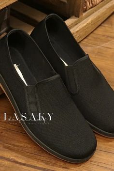 Lasaky - Premium Round Toe Canvas Shoes: Unparalleled Comfort and Breathability with Convenient Slip-On Design Black Breathable Slip-ons For Spring, Slip-on Non-slip Walking Shoes With Round Toe, Comfortable Black Closed Toe Slip-ons, Casual Slip-resistant Closed Toe Loafers, Slip-resistant Flat Heel Walking Shoes, Comfortable Black Closed Toe Loafers, Black Low-top Comfortable Loafers, Black Non-slip Flat Walking Shoes, Black Closed Toe Loafers