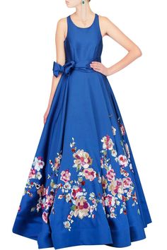 Blue floral embroidered gown Floor-length Floral Embellished Ball Gown For Prom, Prom Season Floral Embellished Floor-length Ball Gown, Prom Season Floral Floor-length Ball Gown, Floral Applique Ball Gown Dresses, Spring Ball Gown With Floral Applique, Spring Floral Applique Ball Gown, Spring Tulle Ball Gown, Floral Print Ball Gown Evening Dress, Blue Floral Applique Dress For Gala