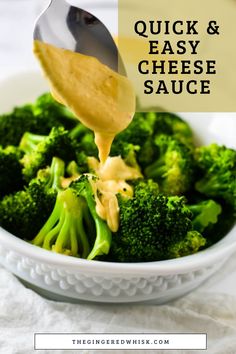 broccoli and cheese sauce being drizzled over it in a white bowl