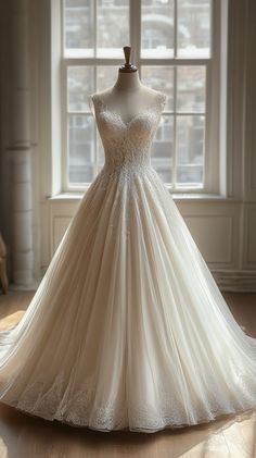 a wedding dress on display in front of a window