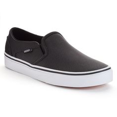 Get easy, casual style with these women's Vans skate shoes. Click this FOOTWEAR GUIDE to find the perfect fit and more!SHOE FEATURES Double stitched design ensures durability. Vulcanized rubber outsole Elastic gore for easy on and off Perforated upper SHOE CONSTRUCTION Manmade upper and lining Rubber outsole SHOE DETAILS Slip-on Padded footbed Size: 9. Color: Black. Gender: female. Age Group: adult. Black Leather Trainers, Vans Skate Shoes, Leather Vans, Shoes Sneakers Black, Women Skates, Black Slip On Sneakers, Pink Vans, Vans Skate, Black Slip On Shoes