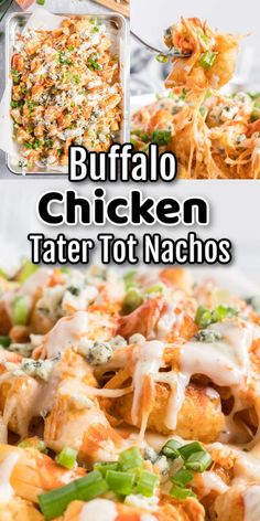 buffalo chicken tater tot nachos with text overlay