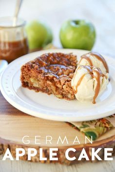 a piece of apple cake on a plate with ice cream and caramel drizzle