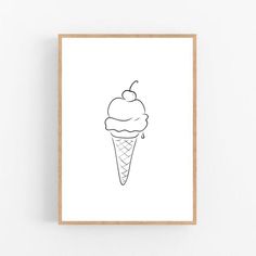 a black and white drawing of an ice cream cone with a single cherry on top