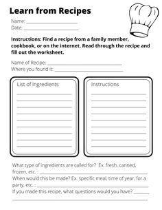 the recipe worksheet for kids to learn how to cook and prepare their meals