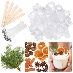 an assortment of different spices and ingredients to make homemade christmas cocktails with orange slices, cinnamon sticks, pine cones, and ice