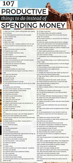 107 Things to do instead of spending money Ricky Gervais, Productive Things To Do, Self Care Activities, Self Improvement Tips, Spending Money, Make More Money, الرسومات اللطيفة, Money Saving Tips, Saving Tips