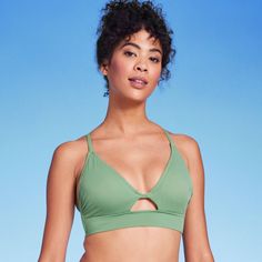 Women's Longline Cut Out Bikini Top - Shade & Shore™ Green 32D Green Stretch T-back Swimwear, Stretch Nylon Swimwear With Padded Cups, Padded Stretch Nylon Swimwear, High Stretch Nylon Underwire Swimwear, Solid High Stretch T-back Swimwear, High Stretch Underwire Swimwear With Built-in Bra, Fitted Triangle Top Sports Bra With Removable Pads, Fitted Nylon Underwire Sports Bra, Fitted Underwire Nylon Sports Bra