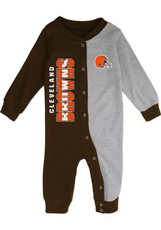 Cleveland Browns Baby Brown Half Time Coverall Long Sleeve One Piece Casual Onesie With Letter Print For Game Day, Casual Cotton Onesie For Sports Events, Casual Sports Onesie With Letter Print, Sporty Cotton Long Sleeve Onesie, Sporty Onesie With Letter Print For Sports, Sporty Long Sleeve Cotton Onesie, Brown One Piece, Nfl Cleveland Browns, Minnesota United Fc