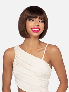 Pure stretch cap DEO wig. 100% Natural Human hair. Color shown is FS4/30. 11 inch straight bob style remi human hair. Basic, Everyday, Age-blind hair Wig style. Timeless Tresses. Manufactured by Vivica A Fox. Blind Aesthetic, Vivica Fox, Fox Hair, Human Hair Color, Wig Color, Natural Human Hair, Straight Bob, Cap Style, Short Bob Wigs