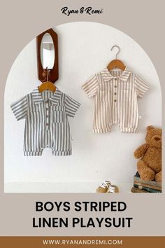 Boys Striped Linen Playsuit Boys Stripes, Baby Boy Romper, Linen Jumpsuit, Baby Dresses, Striped Short, Short Set, Summer Baby, Striped Linen