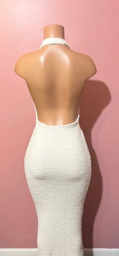 Fabric Type: 4 way stretch teddy fabric  you can choose to order just the dress or the set.  Small Bust: 35”                        Waist: 27”                          Hips: 37”   Medium                         Bust: 37”                        Waist: 29”                          Hips: 39”   Large Bust: 40” Stretch Backless Mini Dress With Back Zipper, Fitted White Backless Dress With Back Opening, Fitted Backless Mini Dress With Lining, Stretch Lined Backless Mini Dress, Stretch Backless Mini Dress With Lining, Stretch Backless Mini Dress Lined, White Stretch Backless Dress For Night Out, Stretch Backless Lined Mini Dress, Fitted Lined Backless Dress