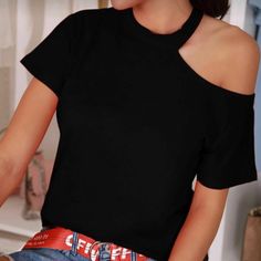 This Stylish High Quality Tee Shirt Features A Unique Off The Shoulder Asymmetrical Look. Pair It With Jeans, Shorts Or Skirt For A Nice Summer Look. 95% Cotton 5% Spandex Versatile Black T-shirt For Summer, Trendy Shirt For Night Out, Casual Asymmetrical Summer Shirt, Versatile T-shirt For Day Out, Versatile T-shirt For A Day Out, Trendy Asymmetrical Stretch T-shirt, Casual Solid Color Shirt For Night Out, Casual Solid Shirt For Night Out, Fitted Casual Asymmetrical Shirt