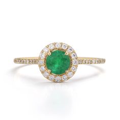 Emerald Engagement Ring Gia Certified 14k Gold Cluster Ring, Luxury Emerald Ring With Halo And Round Cut, Luxury Round Emerald Ring With Halo, Yellow Gold Emerald Halo Ring With Round Cut, Yellow Gold Halo Ring With Emerald, Emerald Ring With Brilliant Cut For Promise, Formal Round Emerald Ring With Halo, Timeless Green Diamond Round Ring, Emerald Diamond Halo Ring With Round Cut